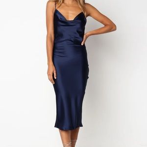 Navy satin cowl neck dress